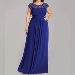EVER-PRETTY Sapphire Blue Elegant Long Lace Cap Sleeve Gown Dress 16 NEW